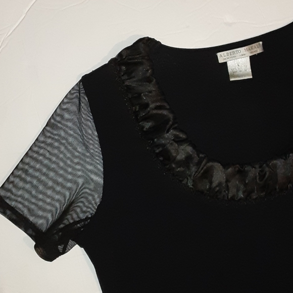 ALBERTO MAKAI Designer Top Sheer Sleeves Shirred Satin Neckline BLACK Size M - Picture 8 of 8